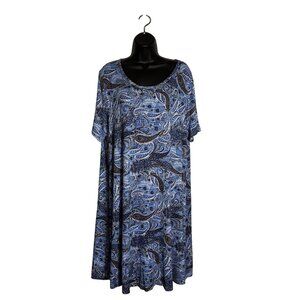 Dusdimon Womens 3XL Paisley Blue Swing Dress Short Sleeve Scoop Neck